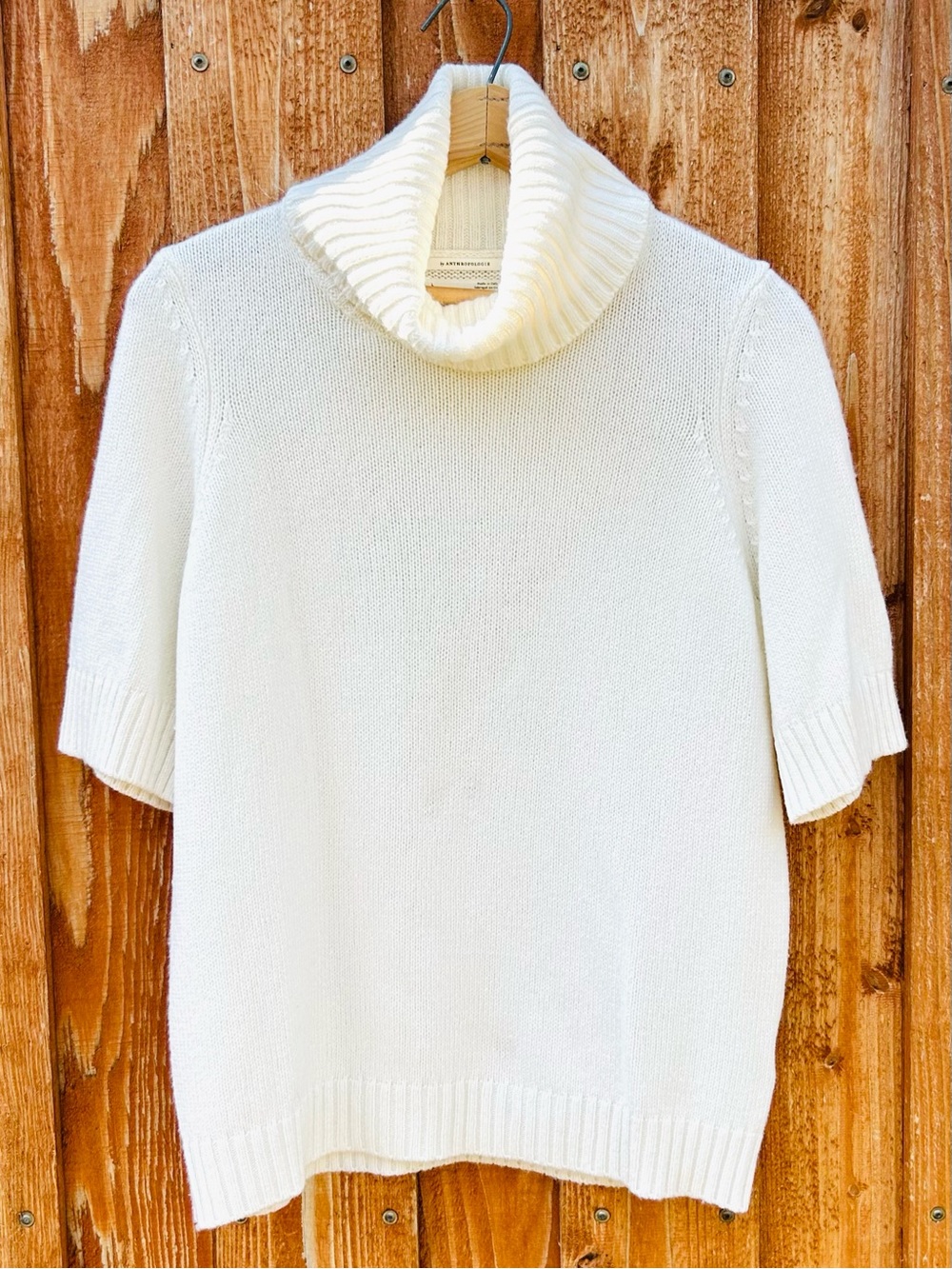 Anthropologie Cream Cowl Neck Short Sleeve Knit Top Wool Cozy Minimalist Size L